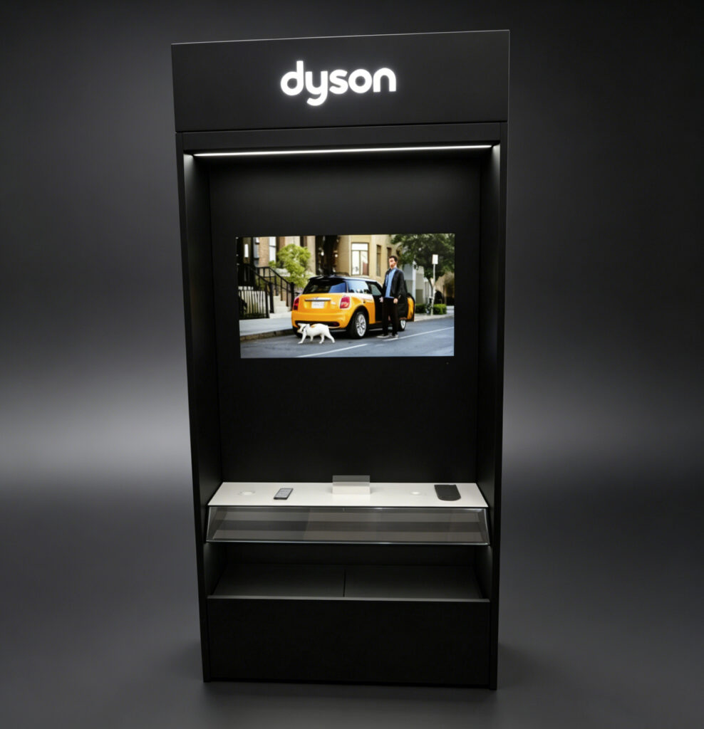Dyson premium retail display unit with digital screen, product demo station, and branded lighting
