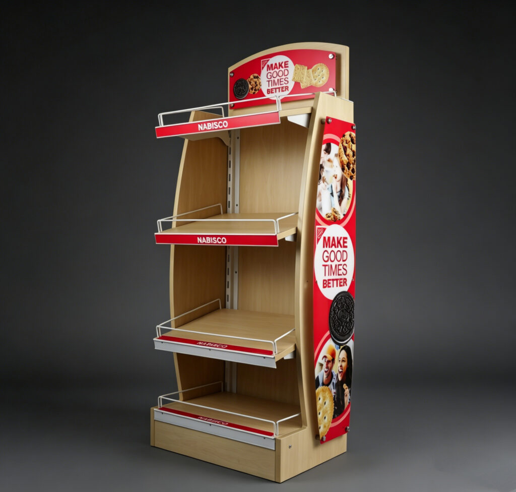 Custom wooden POS display shelf for Nabisco cookies, manufactured at our Dongguan Humen factory