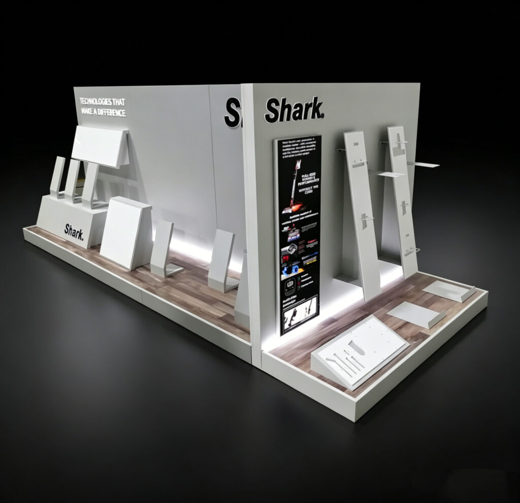 Custom metal-framed Shark vacuum POS display stand manufactured at our Dongguan Humen factory