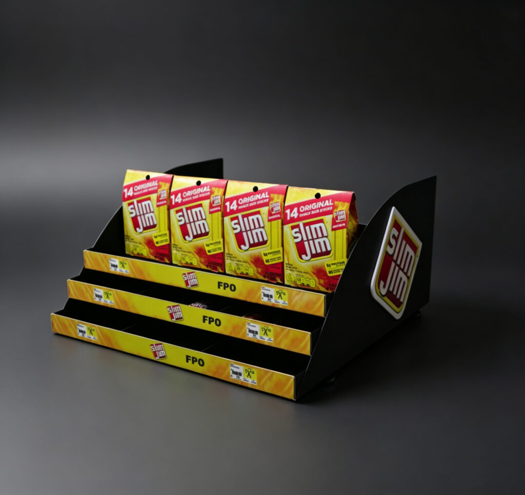 Custom Slim Jim acrylic tiered snack POS display stand made at our Dongguan Humen factory