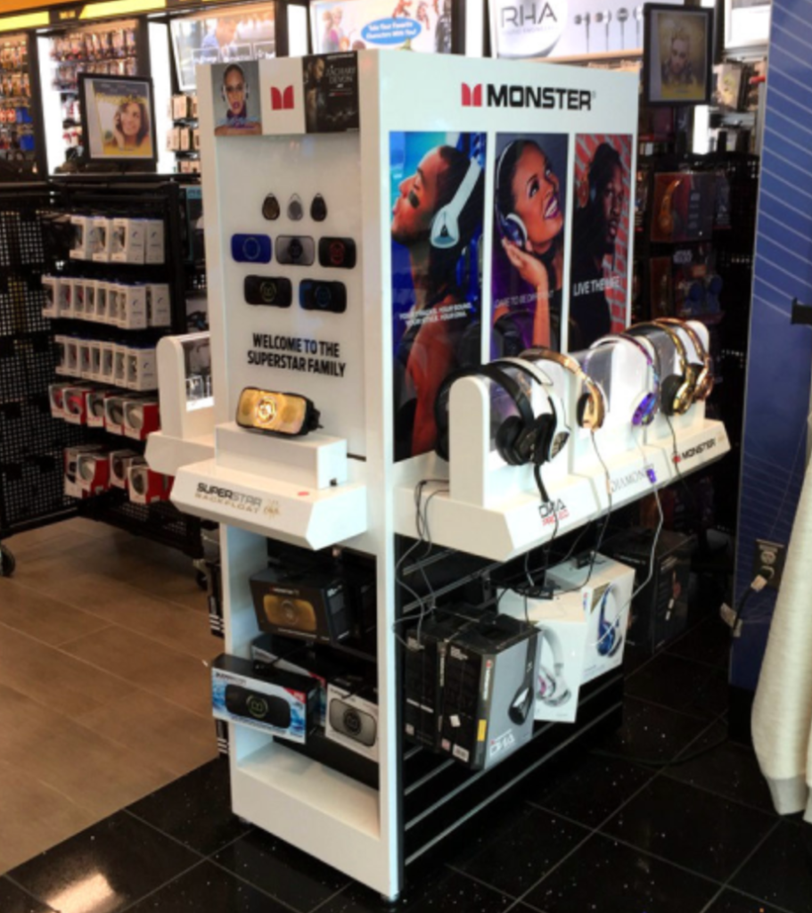 Custom POS display rack for Monster headphones and audio products, designed and manufactured by GP Metalwares, a leading retail fixture factory in China.
