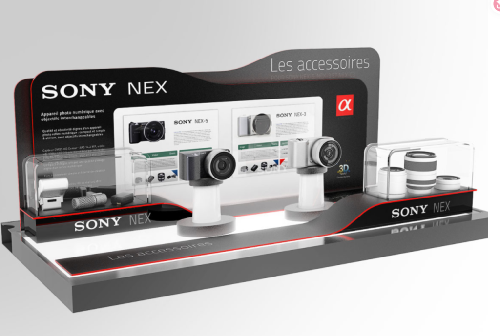 Custom retail display stand for Sony NEX cameras and accessories, manufactured by GP Metalwares, featuring brand-aligned design and premium retail presentation.