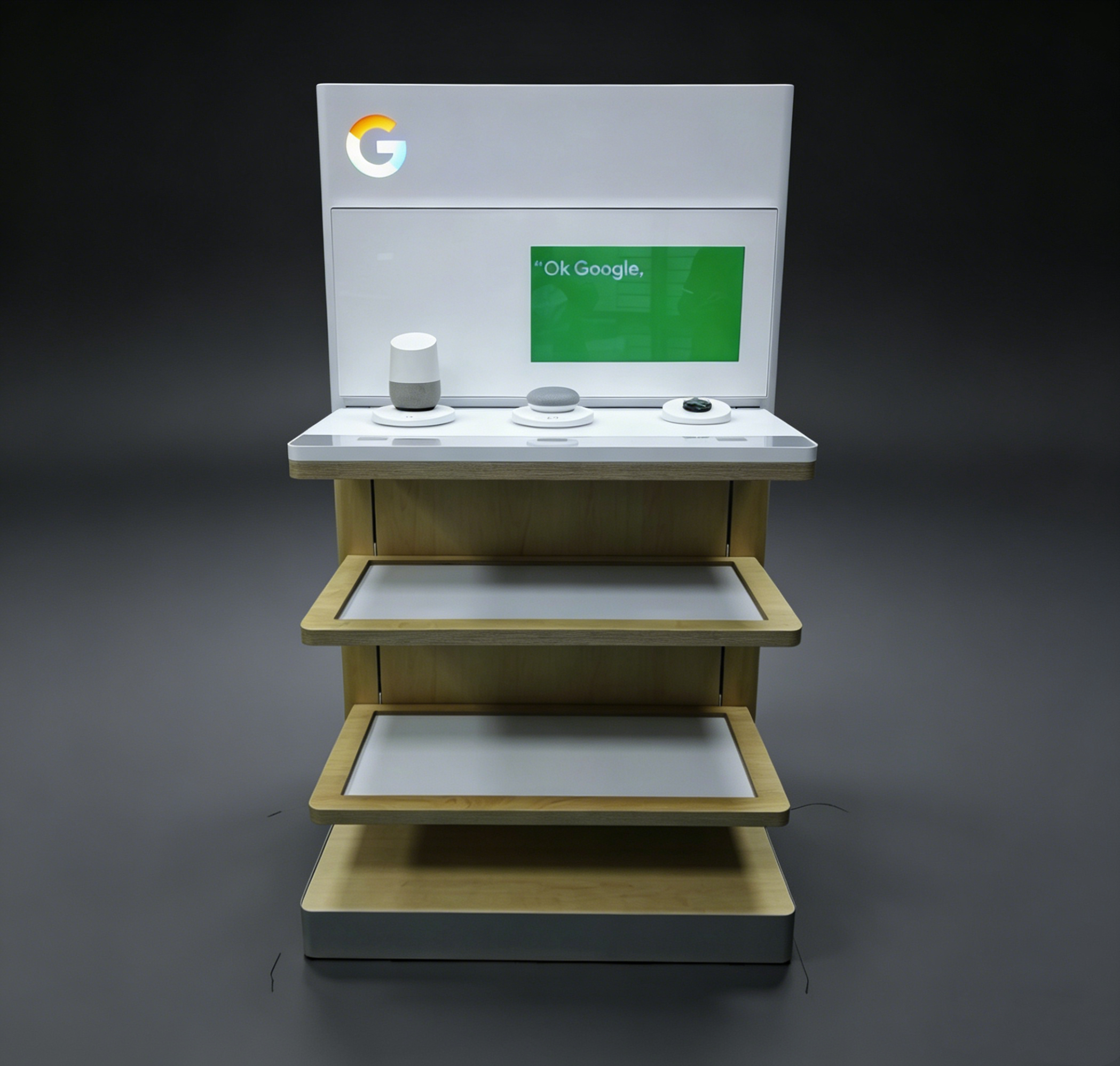 Google Home smart speaker multi-tier retail display with wooden shelves, touchscreen, and product demo stations