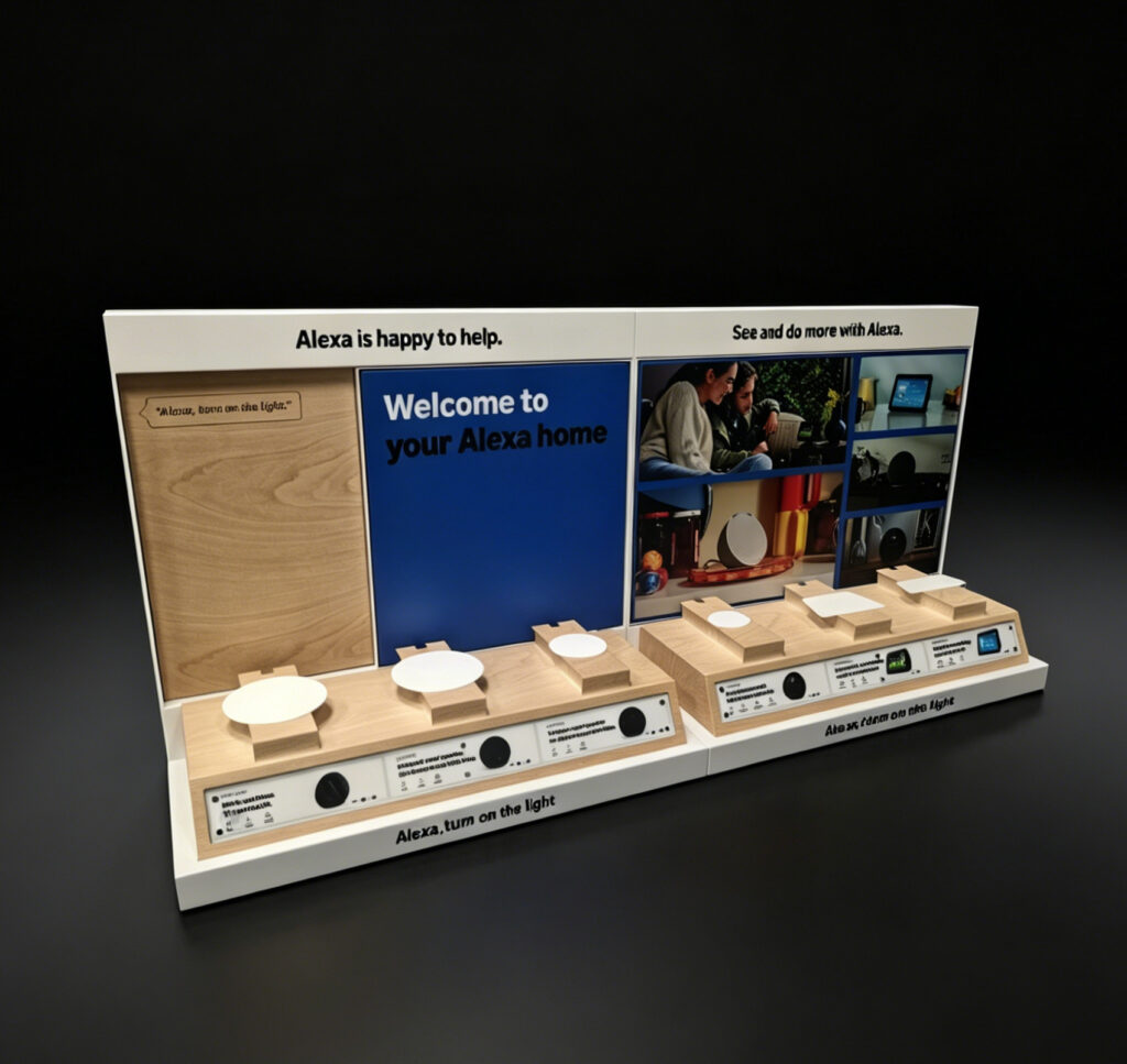 Amazon Alexa smart home interactive retail display with wooden demo stations, voice control prompts, and product visuals