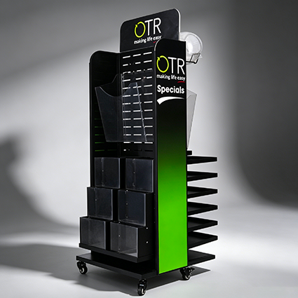 OTR multi-purpose retail display rack with pegboard, clear bins, and branded header on wheels