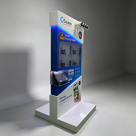 Swann smart security system interactive retail display with 4K camera demo and LED lighting