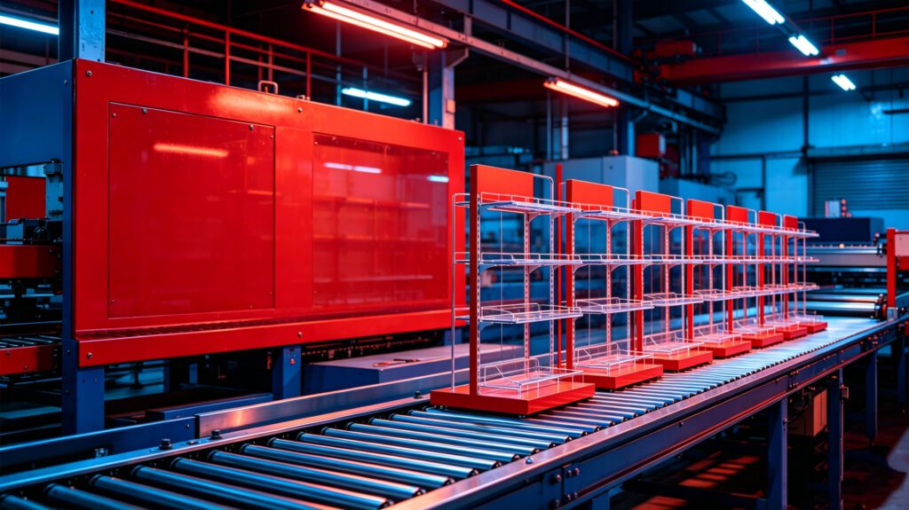 Custom metal POS display shelf production factory in Dongguan, GP Metal Wares manufacturing workshop for retail display fixtures