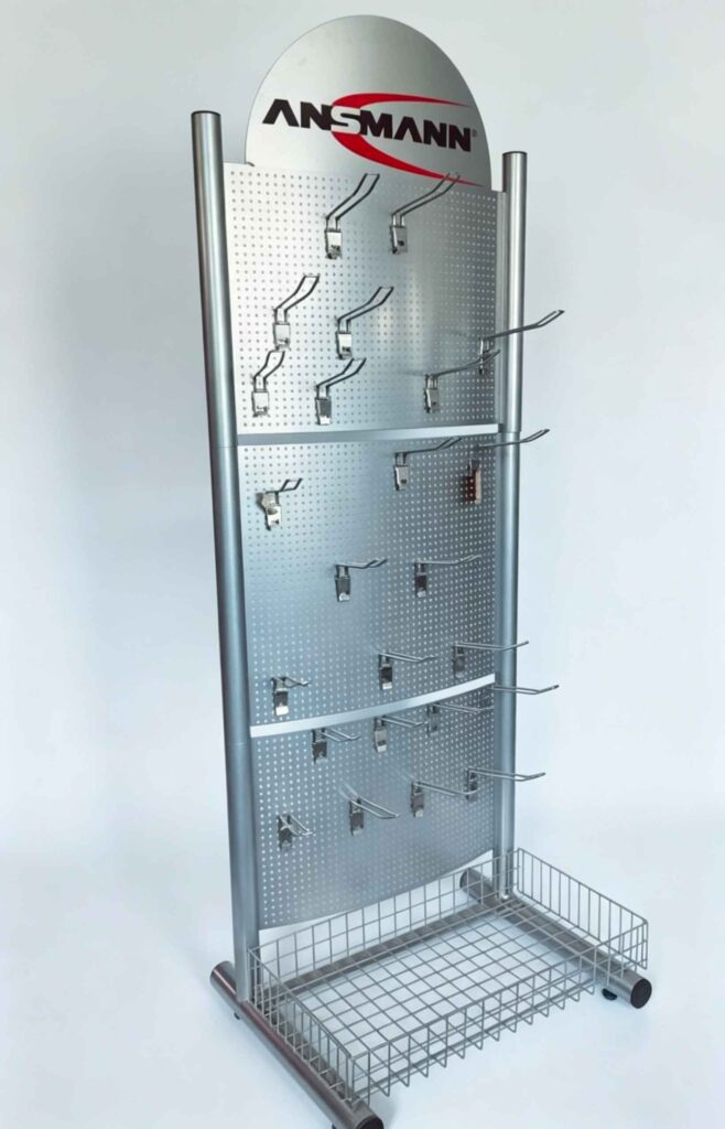 SPCC steel for retail display, free standing metal pegboard POS display rack made of SPCC cold rolled steel, China factory custom electronics retail fixture