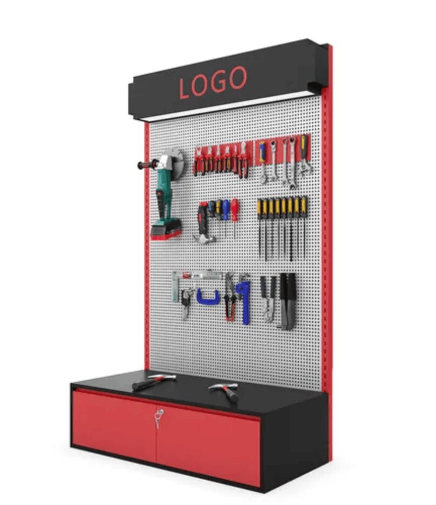 Red white perforated pegboard metal tool display rack with lockable storage cabinet, LED top logo header for power tool hardware retail showroom