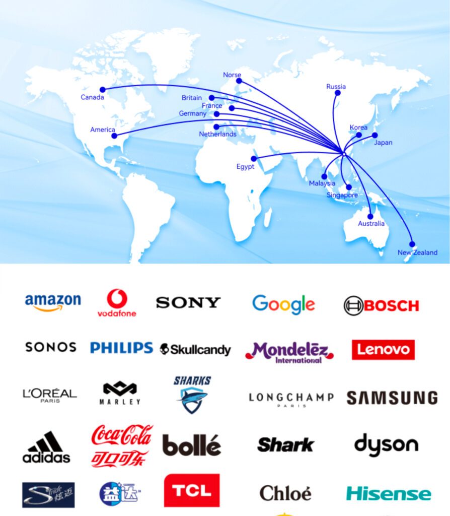 gpmetalwares global client map, worldwide export destinations and famous brand cooperation logos for custom retail POP display stands
