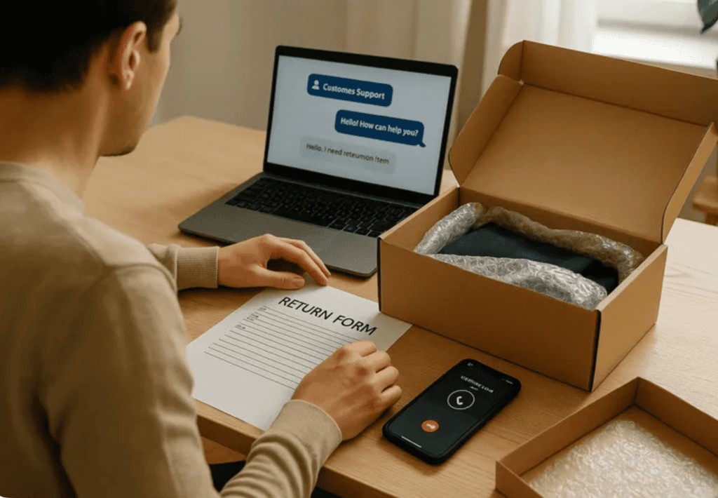 Business client contacting after-sales support to submit return form for defective retail display racks from custom POS display manufacturer in Guangdong factory