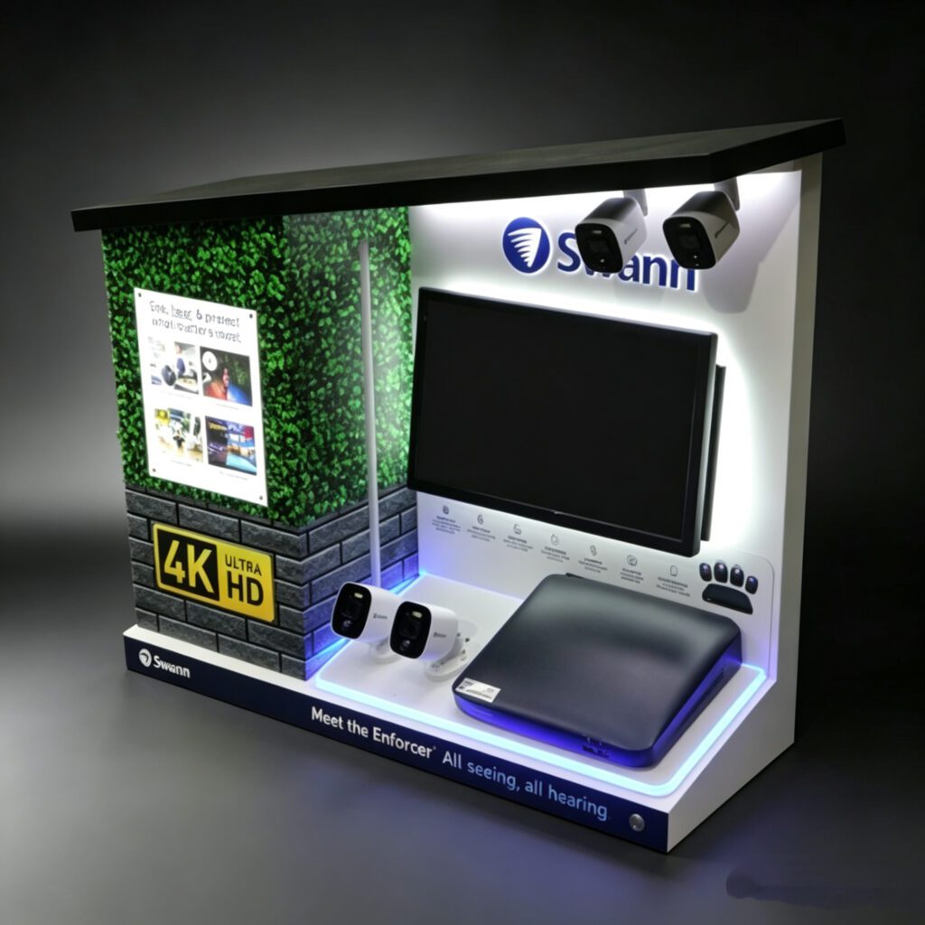 Illuminated counter top POS display for 4K security camera system, custom branded desktop showcase with LED lighting, demo screen and surveillance camera product compartments