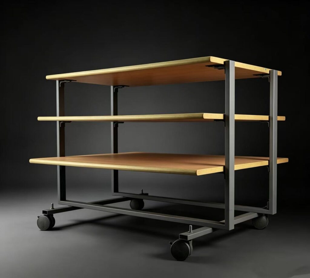 Custom metal and wood shop shelf with wheels, 3-tier retail display cart for store merchandise and product showcasing, mobile wooden shelf with metal frame