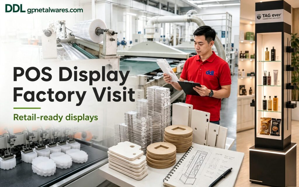 DDL gpmetalwares.com factory staff inspects semi-finished POS display components; eco-friendly production workshop for sustainable custom retail display rack manufacturing, finished lighted cosmetic display stand on right side