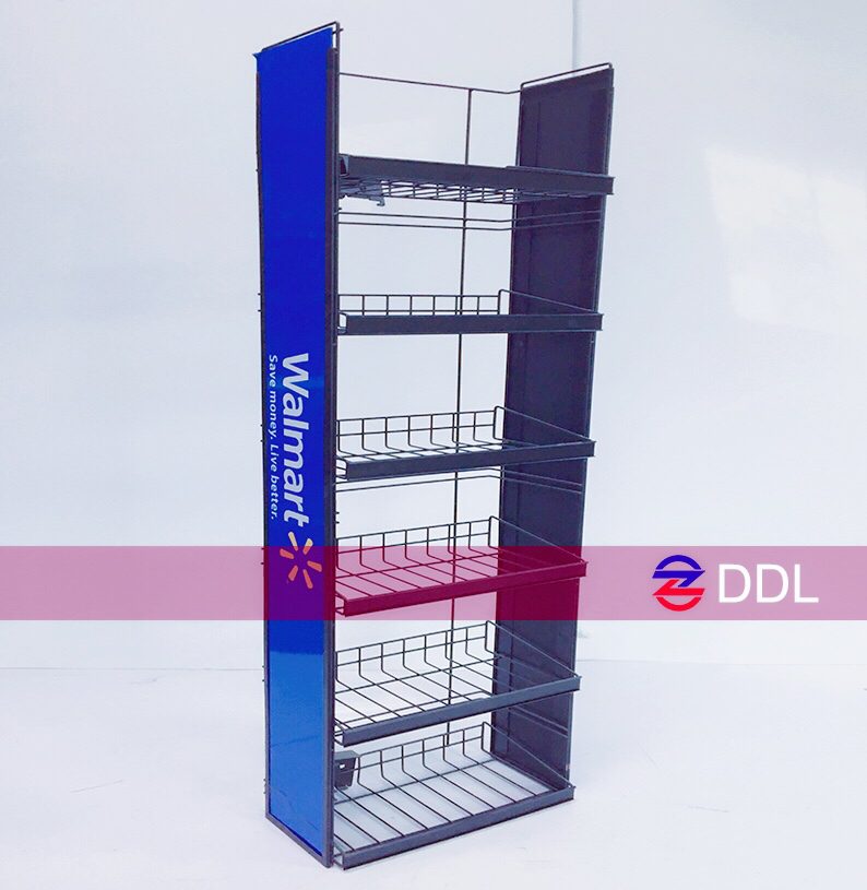 Custom 6-tier black wire metal Walmart retail display rack with branded blue side panel, free standing store shelf manufactured by DDL
