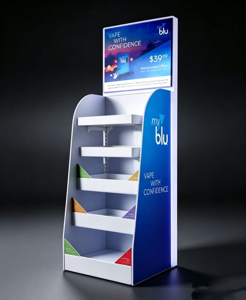 Custom printed retail display stand for vape brand in-store promotion, multi-tier counter floor showcase with branded header poster