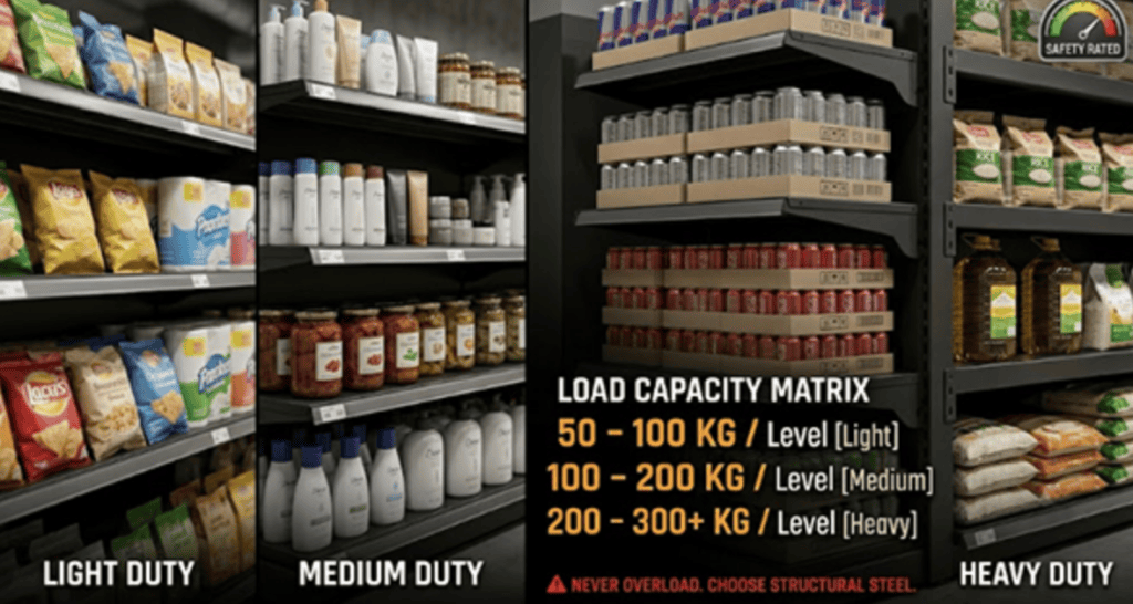 SPCC steel supermarket display shelf load capacity matrix infographic, light medium heavy duty tier weight rating 50-300kg, custom metal POS rack for snack skincare bulk grocery, structural steel safety load guide for limited retail shelf space