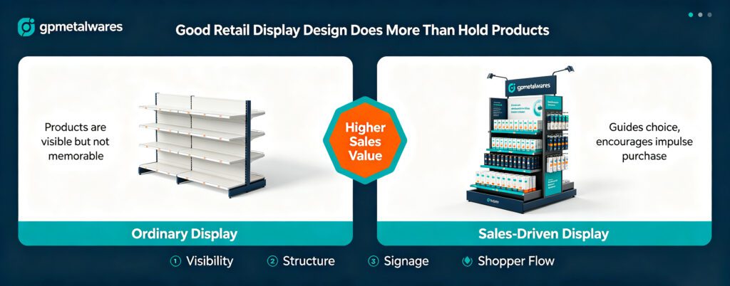 gpmetalwares retail display comparison, ordinary shelf vs sales‑driven POP stand for Europe, Southeast Asia retail markets to boost in‑store sales value