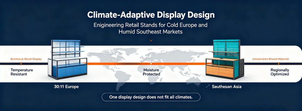 Climate‑adaptive retail display stands comparison for cold EU and humid Southeast Asia markets, world map banner infographic