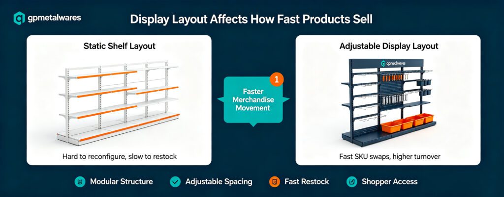 gpmetalwares adjustable retail display layout comparison, static shelf vs modular POP stand to speed up merchandise turnover for Europe, Southeast Asia and global retail stores