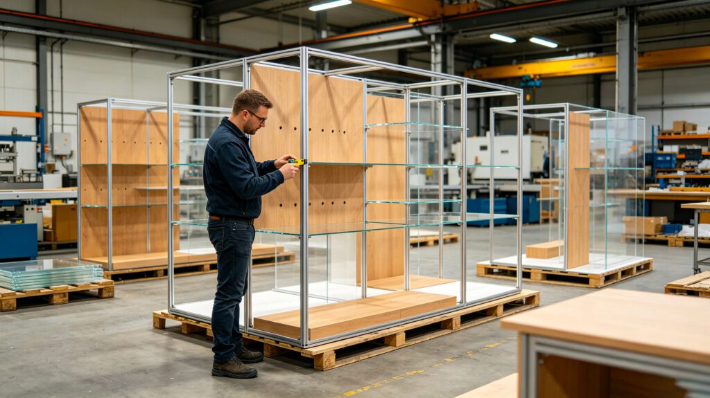 QC inspector measures semi‑finished welded metal retail display frame with digital caliper inside factory workshop
