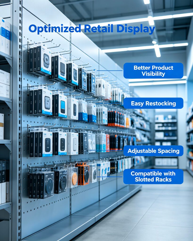 Custom metal display hooks on slotted retail rack for packaged electronics merchandising