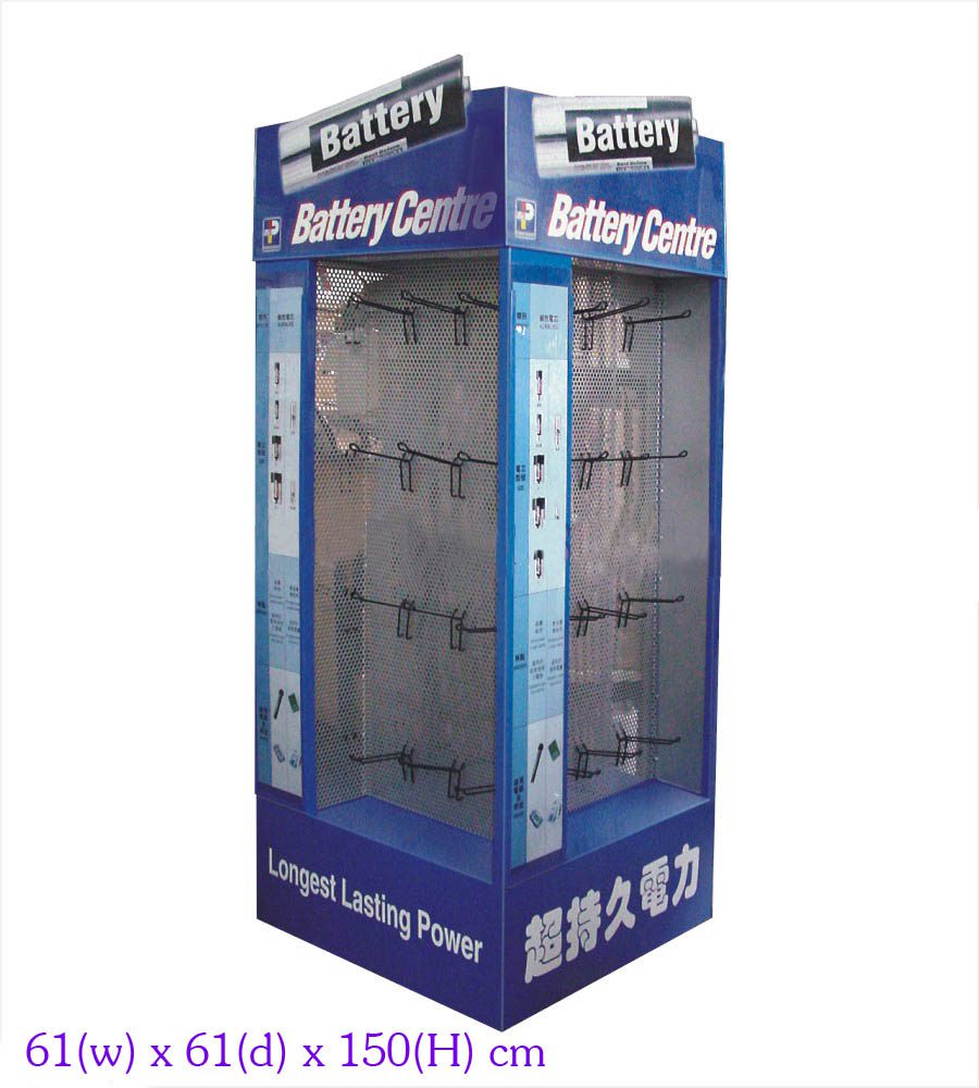 Freestanding 4‑sided metal hook retail POP display rack for battery retail merchandising,