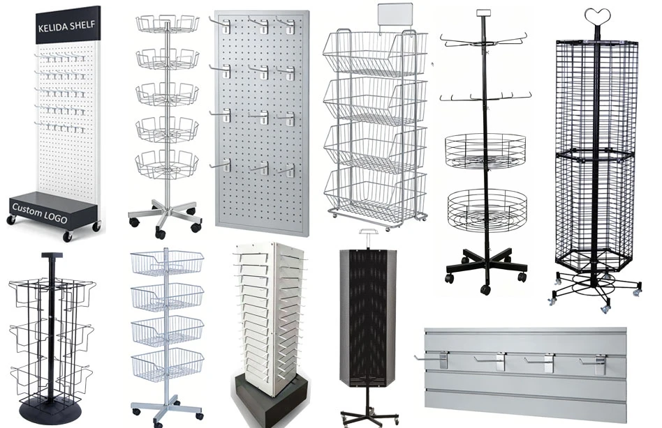 Collection of custom retail metal wire display racks, pegboard hook stands, rotating spinner racks, wire basket shelving with casters for store merchandise POS display