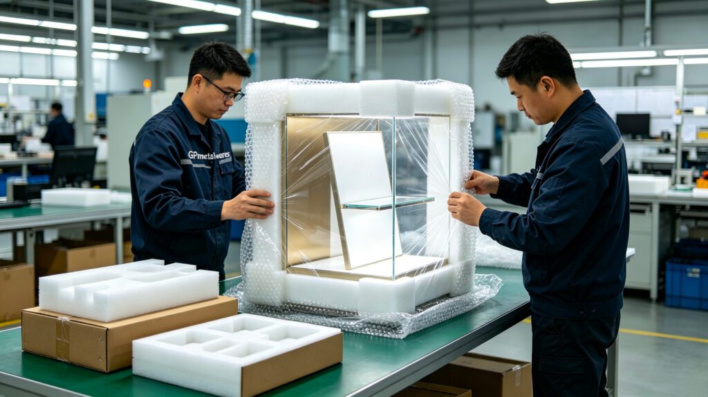 GPmetalwares factory workers wrapping retail display stand with foam and bubble wrap to prevent transport scratches