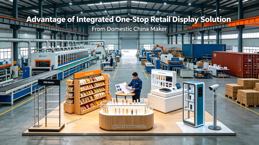 Modern China factory floor showing multi‑material custom POS retail display fixtures by gpmetalwares.com