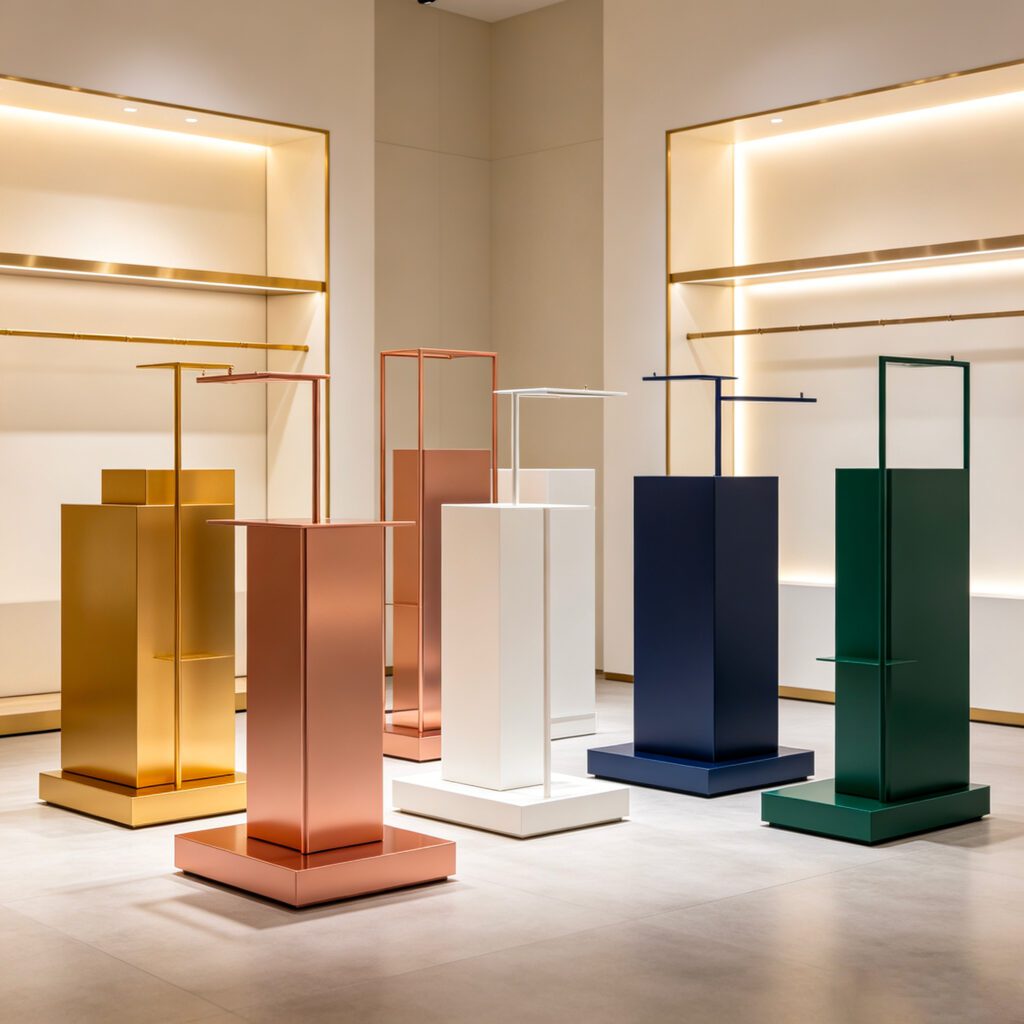 Custom powder coated metal retail display stands in gold, rose gold, white, navy blue and forest green finishes, manufactured by GP Metalwares Dongguan display fixture factory