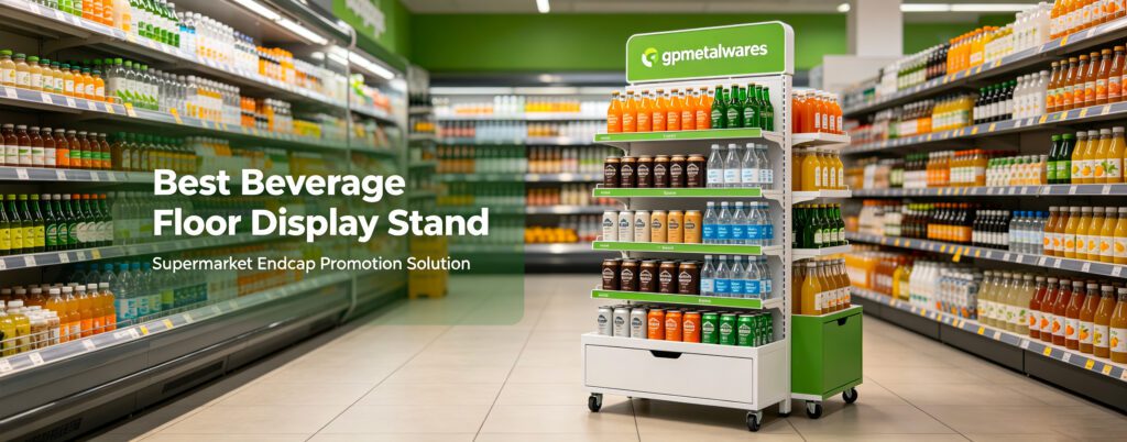 gpmetalwares custom metal‑acrylic beverage floor display stand, supermarket endcap promotional fixture for drinks, China manufacturer for global retail clients Europe, Southeast Asia, North America