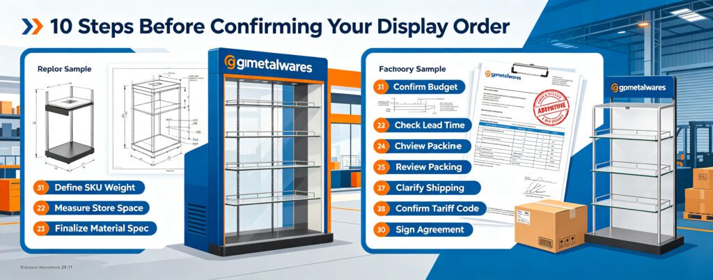 gpmetalwares infographic: 10‑step pre‑order preparation checklist before placing custom retail display orders with China factory, for retail buyers sourcing fixtures for Europe, Southeast Asia and global markets