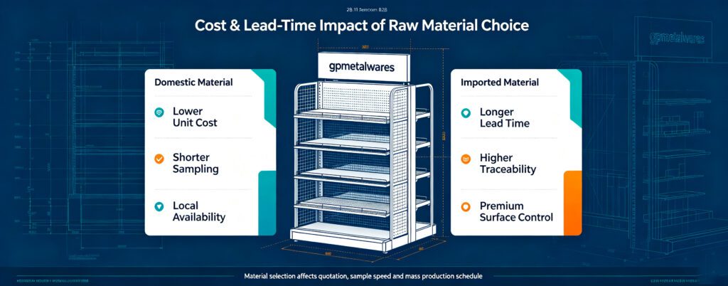 gpmetalwares infographic comparative analysis of domestic vs imported raw materials for custom retail POS display racks, material quality, cost & lead‑time comparison for Europe, Southeast Asia global retail buyers