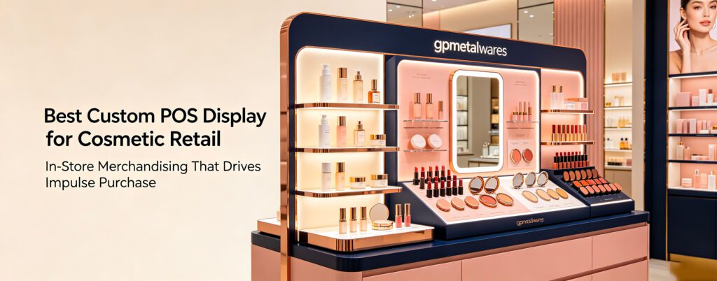 gpmetalwares custom cosmetic POS retail display stands for in‑store beauty merchandising in China, metal‑acrylic makeup fixture solutions for beauty brands sourcing for Europe, Southeast Asia and global retail markets