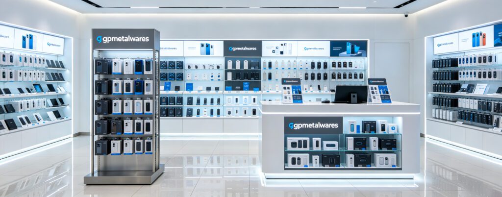 gpmetalwares retail display comparison shot, floor‑standing rack next to counter‑top POS stand, custom OEM ODM fixtures from Dongguan China factory