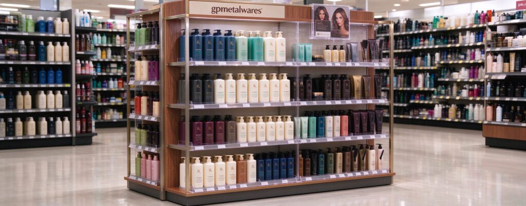 Mixed wood and metal floor POS display rack fully stocked with assorted shampoo and hair treatment bottles inside a modern beauty retail store, custom merchandising fixture for hair care product promotion