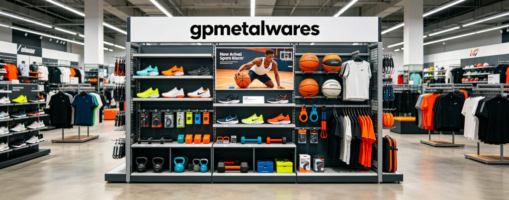 gpmetalwares heavy duty SPCC metal floor retail display stand inside modern sports retail shop, fully stocked with sneakers, basketballs, dumbbells, kettlebells, sport apparel and fitness accessories, custom modular sports goods display rack for retail store arrangement, 28×11cm horizontal photo
