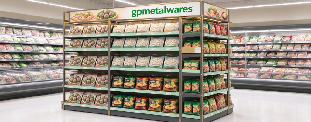 Custom frozen food endcap retail display for supermarket refrigerator side, metal POS fixture with gpmetalwares branding on top, stocked with frozen dumplings and meatballs in grocery store