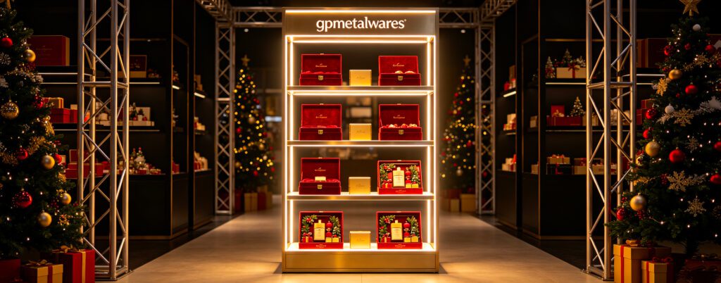 Custom metal LED gift box display rack for holiday in-store promotion, gpmetalwares branded retail fixture, Christmas gift set display in retail shop, Dongguan factory custom POS display stand