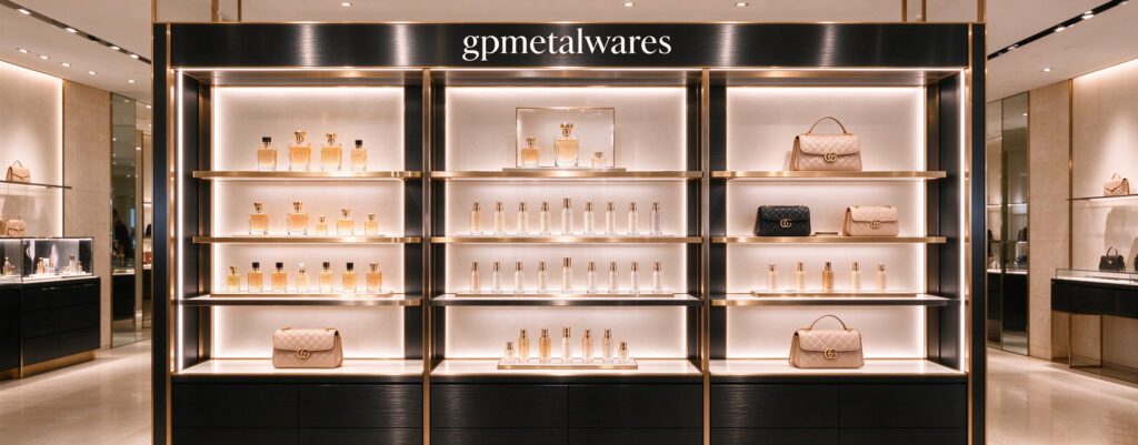 Custom LED lit metal retail display cabinet with gpmetalwares logo on top, illuminated shelves for perfume and leather handbags, high-end boutique interior, premium gold and black metal fixture, commercial retail shop fitting, Made in China factory supply