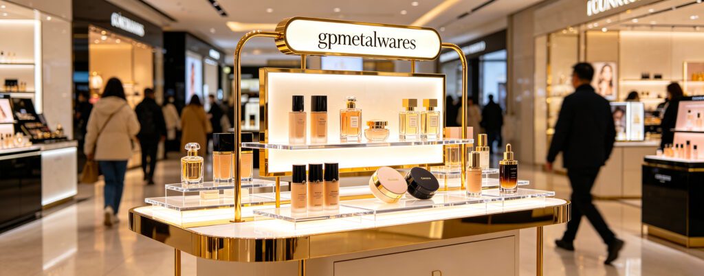 Custom OEM LED gold cosmetic retail display stand with gpmetalwares logo on top, for chain makeup store in shopping mall, acrylic shelf for foundation and perfume products, made in China factory fixture