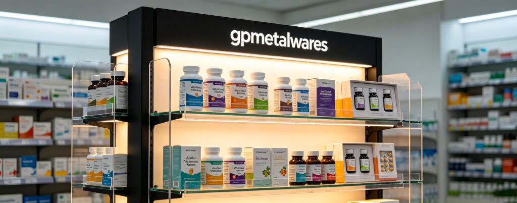Custom health supplement retail endcap display for pharmacy store layout, heavy duty SPCC steel LED shelf fixture with gpmetalwares branded top signage for retail healthcare merchandising