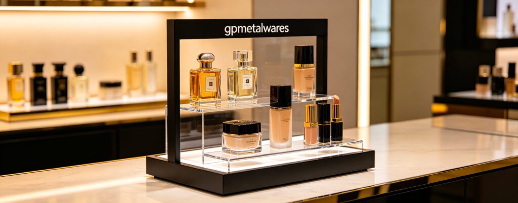 Custom small countertop metal retail display for perfume luxury cosmetics, gpmetalwares branded fixture for European beauty boutique counters