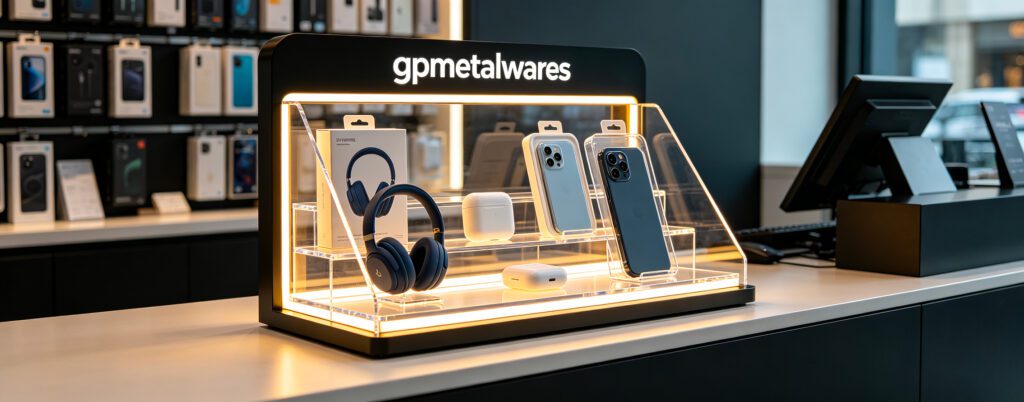 Illuminated counter top mobile accessory display stand for phone shop, SPCC metal and acrylic gadget POS display with gpmetalwares logo, LED lighting for earphones and phone case retail merchandising