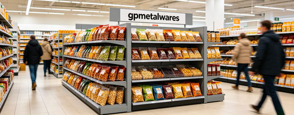 gpmetalwares stackable retail display for bulk pack food in hypermarket, stacked metal shelf with packaged nuts and snacks, supermarket aisle background, retail promotion fixture