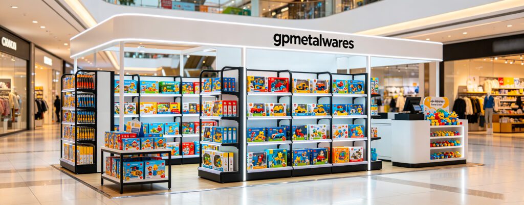 Custom toy retail metal display rack for mall indoor shop layout, SPCC steel modular toy shelf with LED lighting, gpmetalwares verified factory showroom display stand for toy retail store