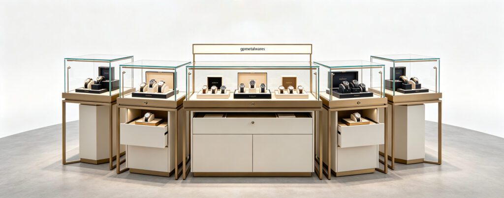 Luxury watch retail counter display for boutique, gold metal frame glass showcase with gpmetalwares logo on top, premium watch merchandising fixture, white background