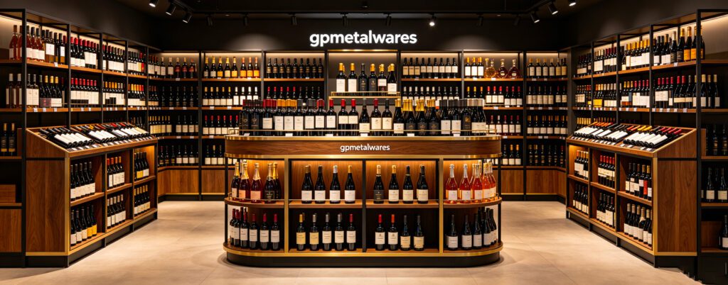 Modern custom wine bottle retail display stand for liquor store decoration, SPCC steel and wood wine shelf with LED lighting, gpmetalwares branded liquor display fixture for wine shop merchandising