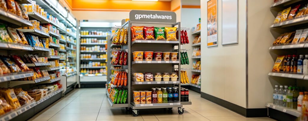 Mobile wheeled metal snack food retail display rack for convenience store aisle endcap, custom POS fixture made by gpmetalwares Dongguan China factory